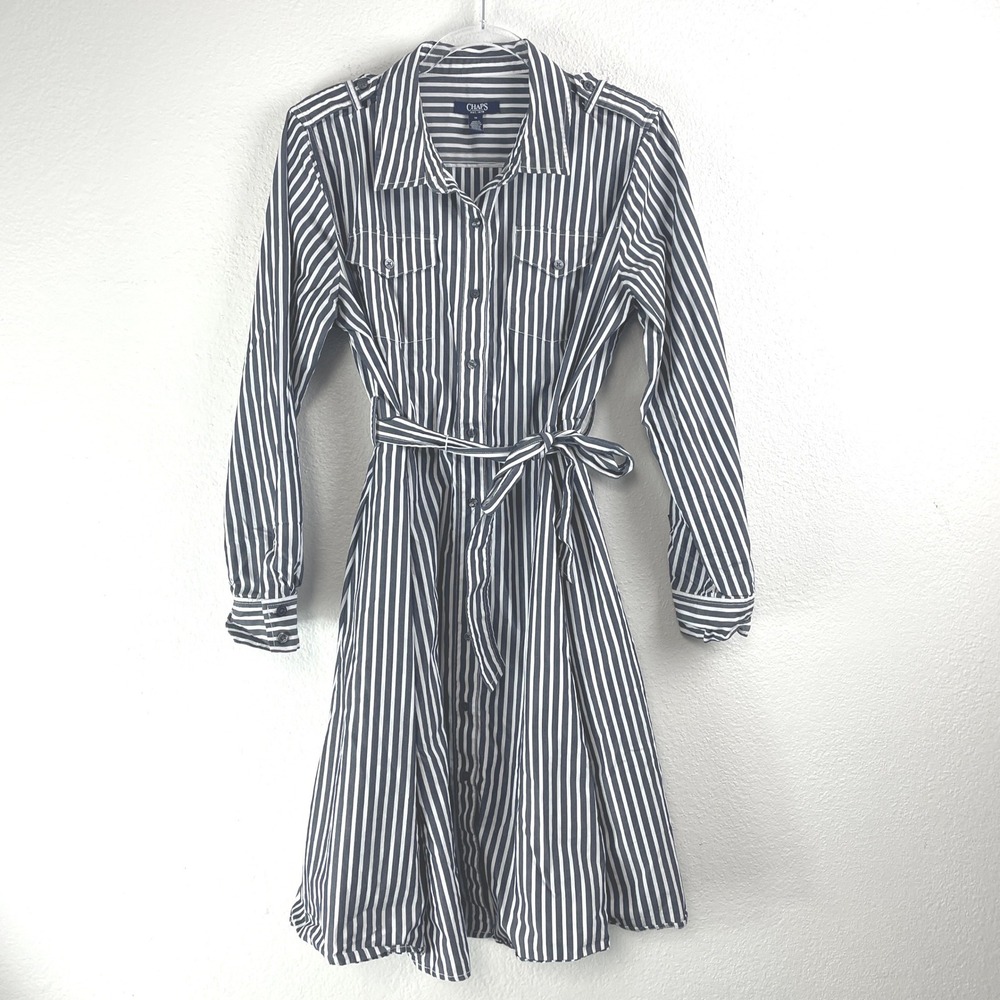 Chaps Striped Shirt Dress Womens 14 Belted Midi Preppy Classic Coastal‎ Pockets